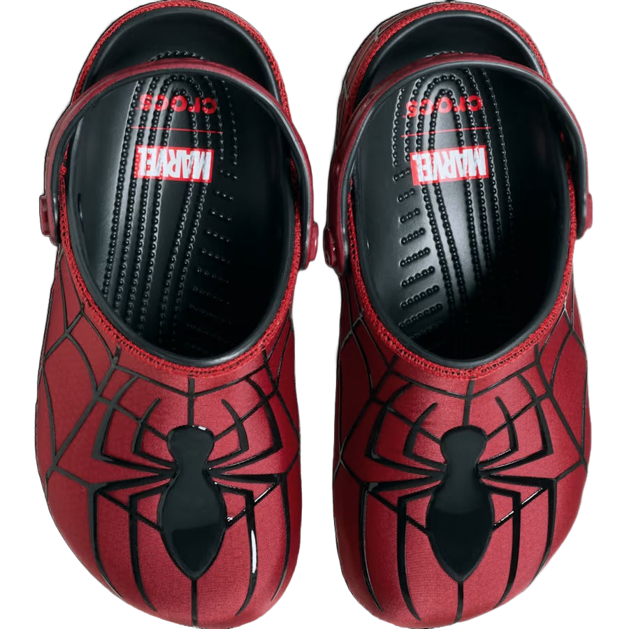 Red web-print clogs, top-down pair view